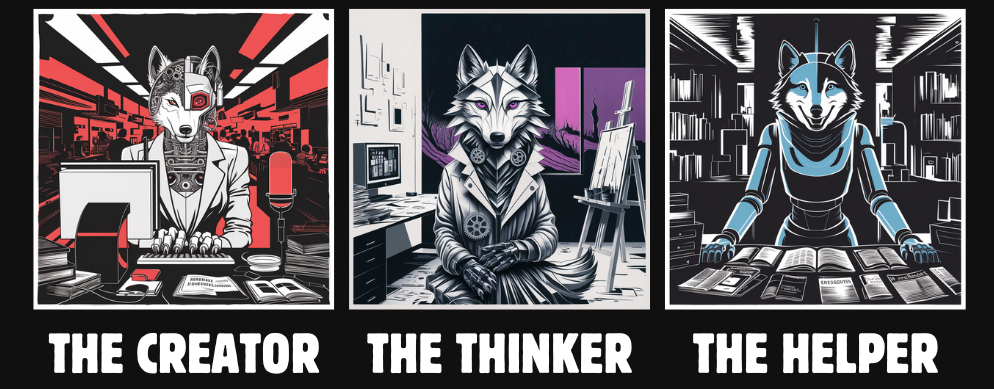 Three side-by-side linocut images show: Images show The Creator (a red cyborg wolf), The Thinker (a purple cyborg wolf), and The Helper (a blue cyborg wolf).