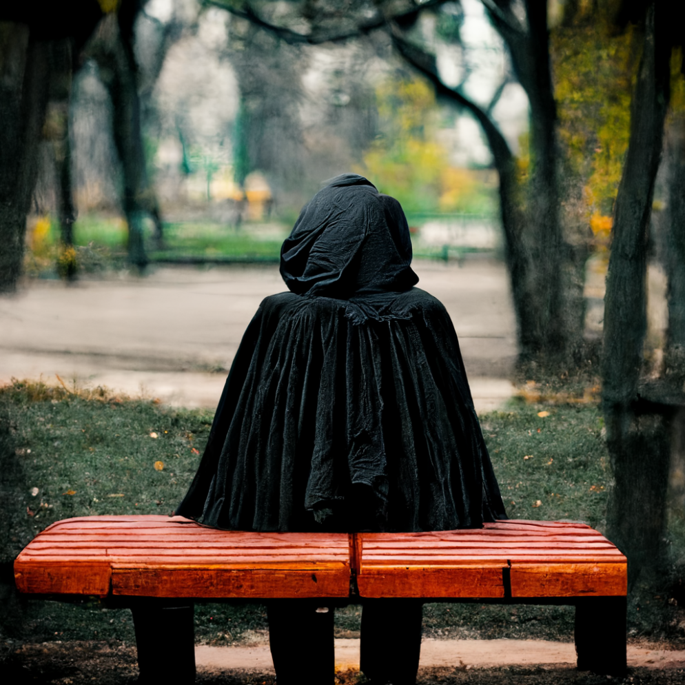 Person in black hood sitting on a red bench in a park. “Is it a wolf or sheep in that riding hood?” an artful generation by Zane Dickens