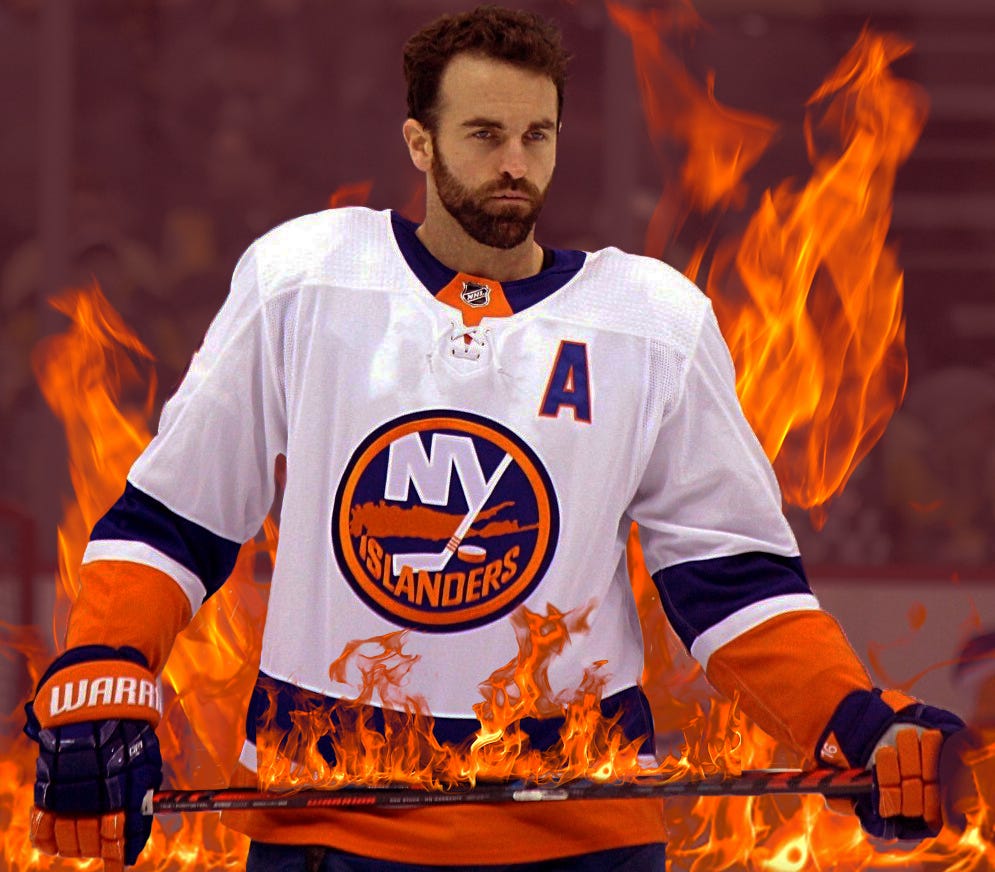 Andrew Ladd of the New York Islanders with animated flames surrounding him