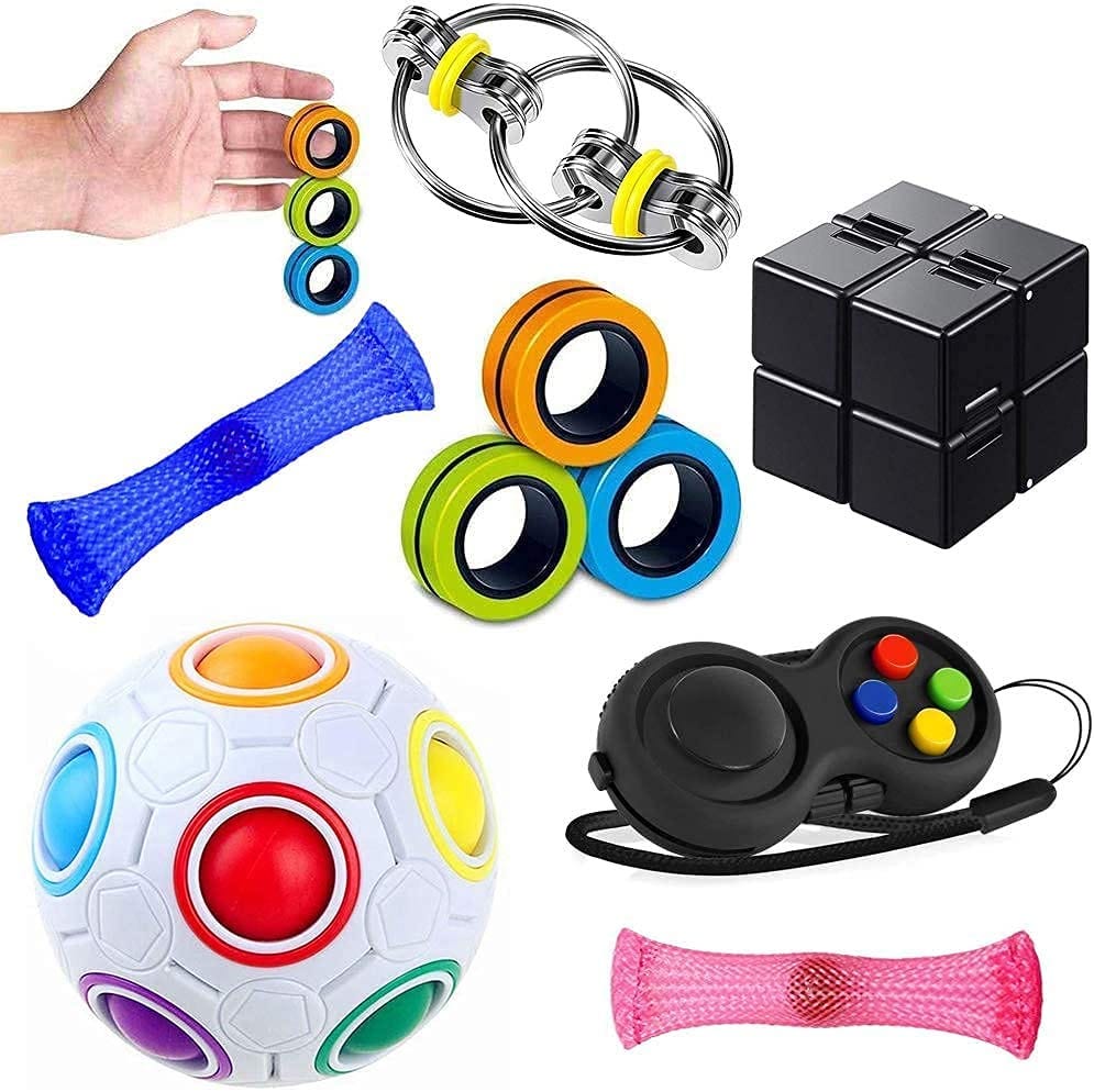 Several different fidget toys shown, including a ball, two sets of rings, a clicking switch, a folding square, and a sliding net with a ball in it.