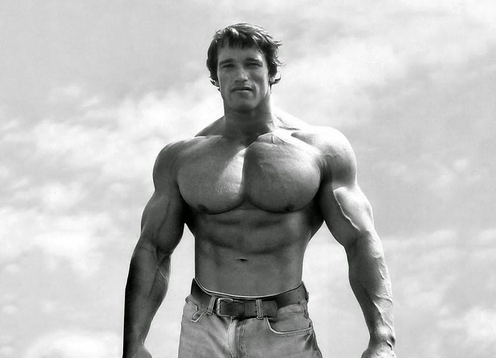 Arnold Schwarzenegger, who is a very famous retired body builder standing shirtless with big and chiseled chest muscles