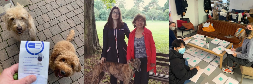 Three images of Together Neighbours volunteers at work: a dog delivering a prescription, two people meeting for dog-walking, and a team of volunteers writing letters.