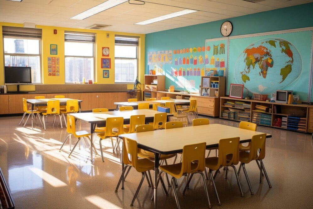 A classroom with yellow chairs and tables, providing a vibrant and inviting learning environment.