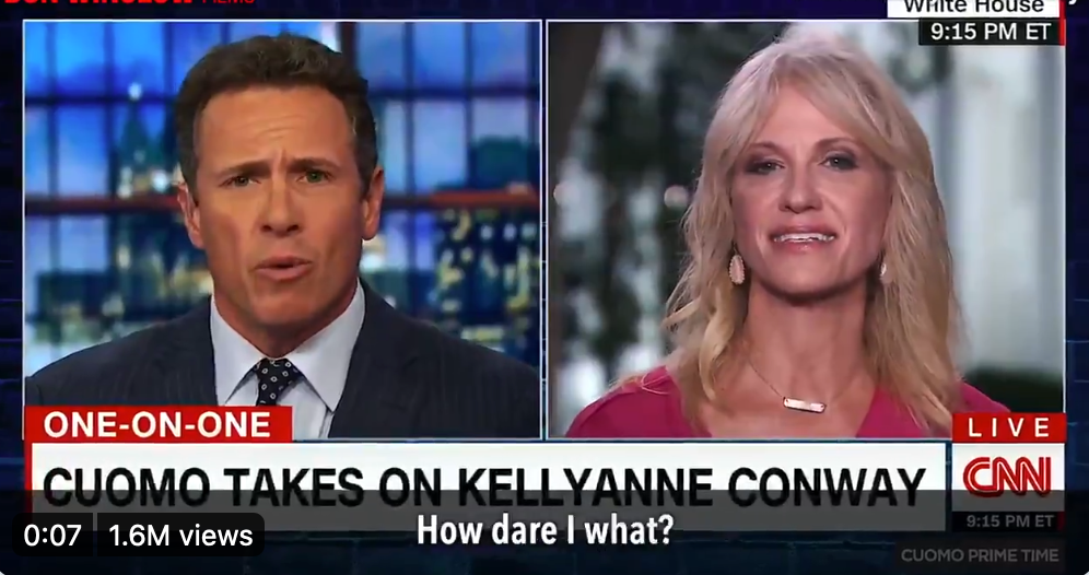 Split-screenshot of Chris Cuomo’s interview with KelleyAnne Conway on CNN, with Cuomo on the left and Conway on the right.