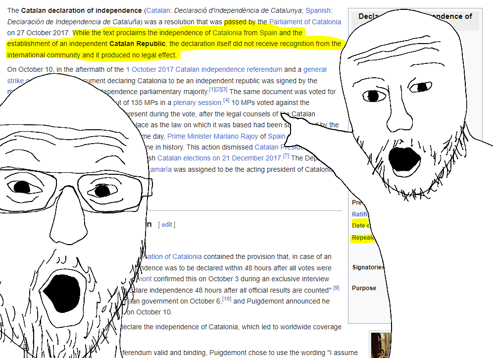 Two meme guys pointing mockingly at a wikipedia article about the Catalan independence referendum