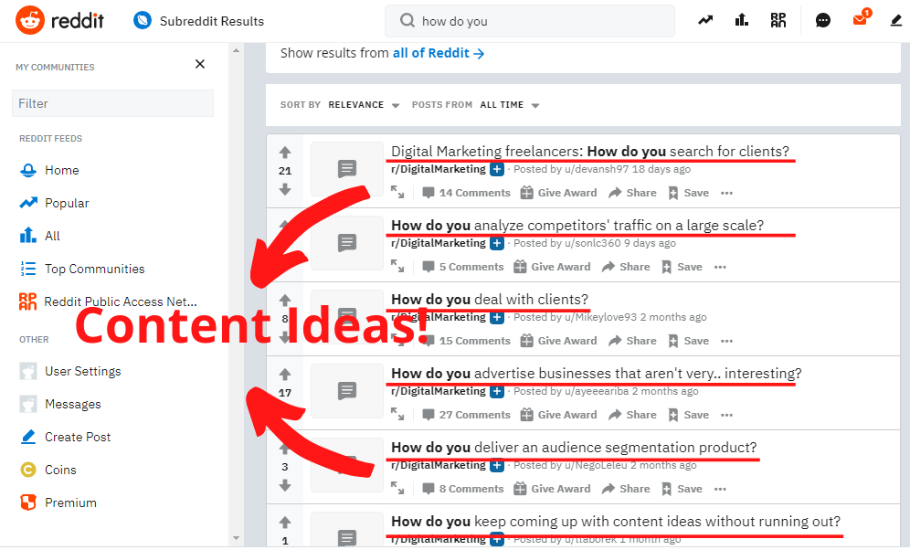 This picture shows content ideas from Reddit