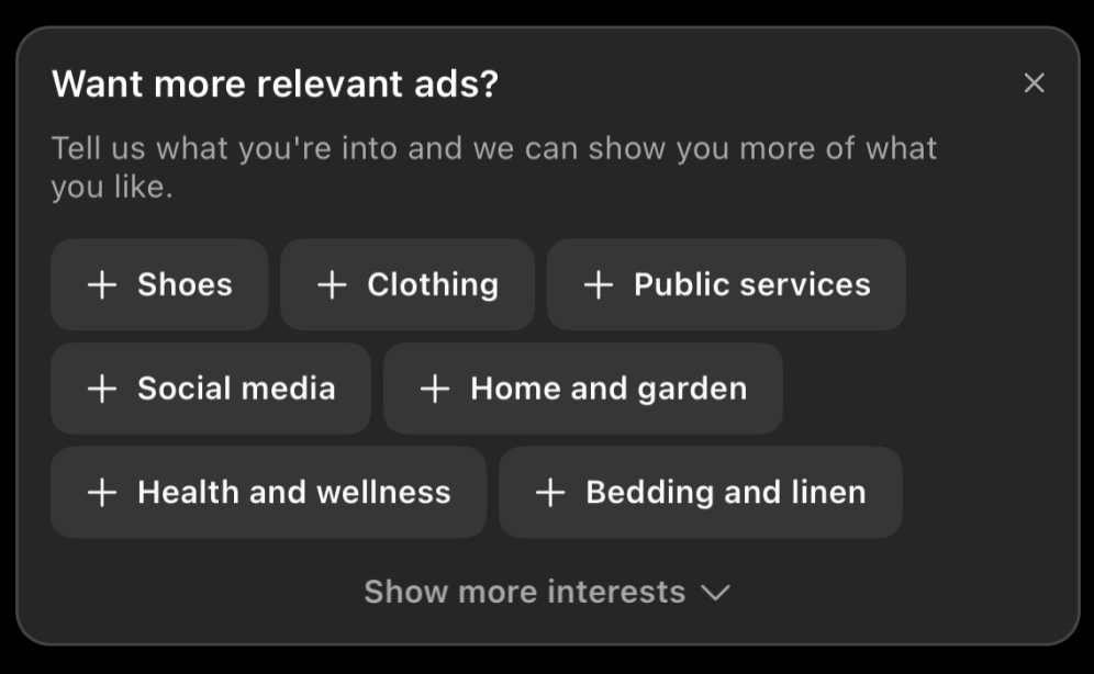 Zoomed in screenshot of Instagram’s one-question survey asking about more relevant ads