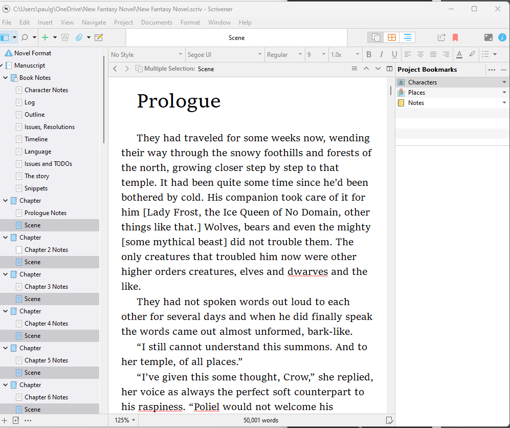 A screenshot showing my novel in Scrivener, a popular tool for writing novels.