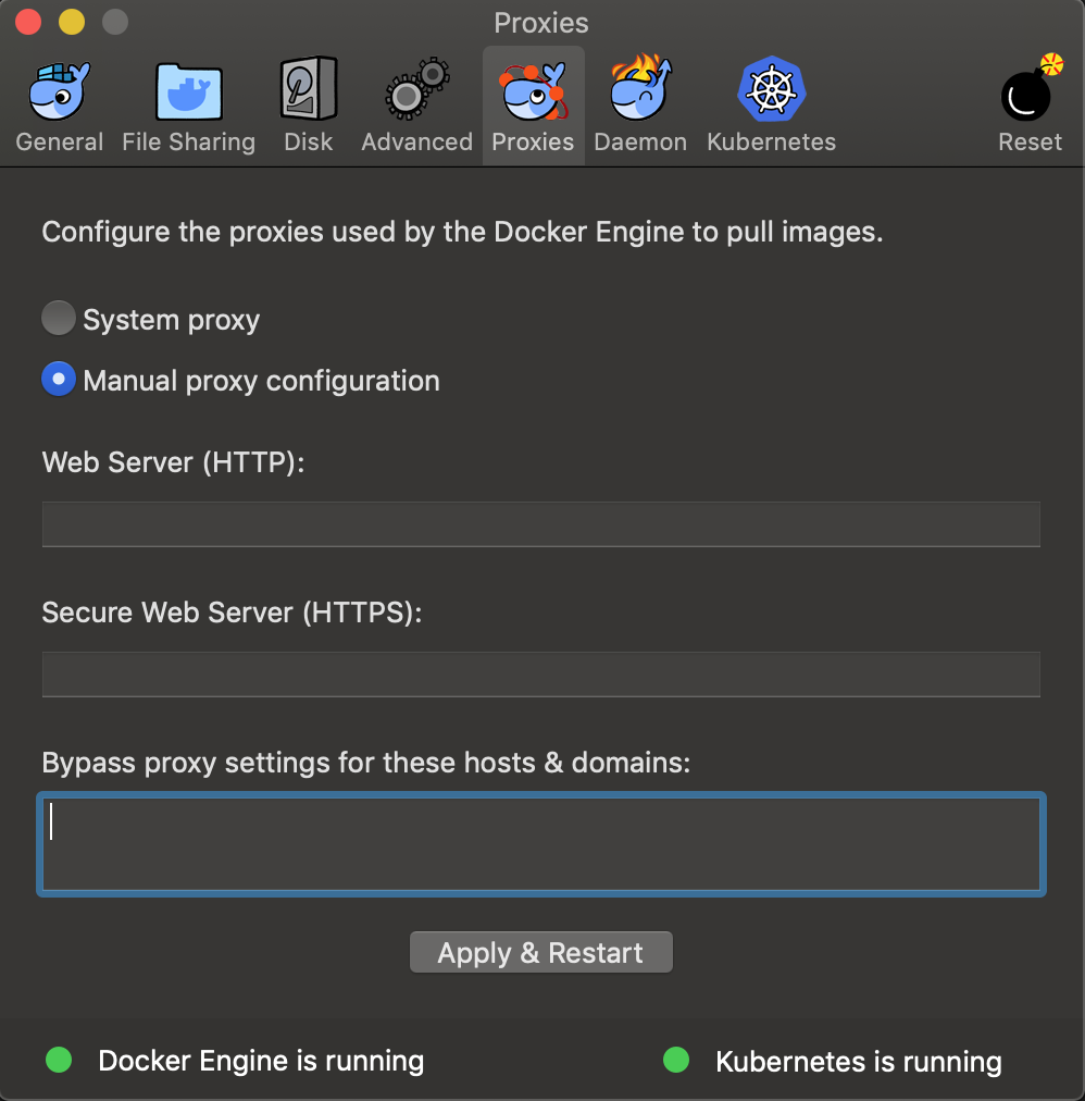 The docker desktop preferences showing proxy configuration.