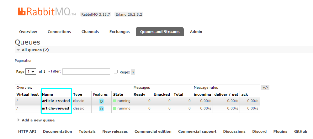 RabbitMQ dashboard for exploring and managing different queues, messages, and consumers