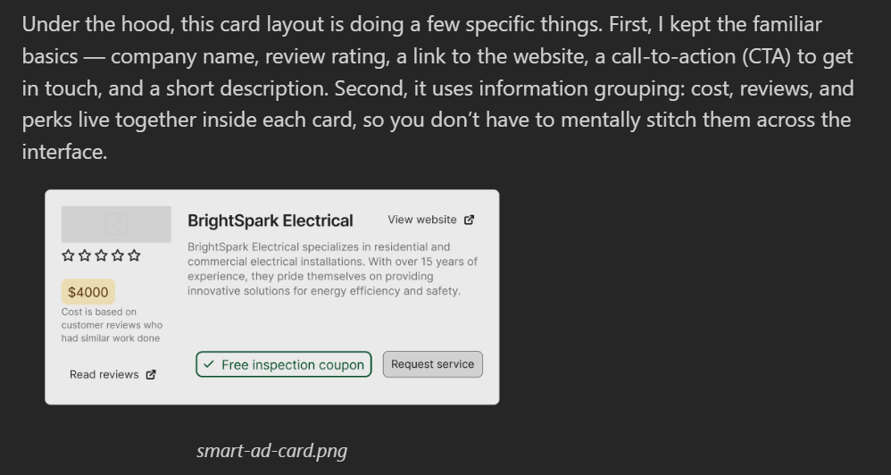 Screenshot of explanatory copy above a Figma‑style card mockup for “BrightSpark Electrical,” showing a star rating, price tag reading “$4000,” short company description, “Read reviews” link, and two buttons labeled “Free inspection coupon” and “Request service.”
