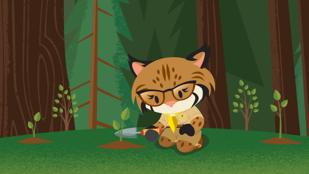 An illustration of AppExchange mascot Appy planting a small sapling in the forrest.