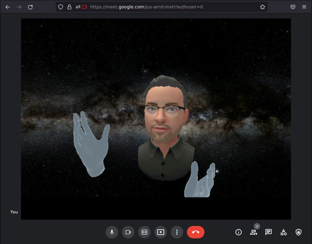 A video call interface showing a computer character avatar, gesturing with hands, in front of the Milky Way galaxy.