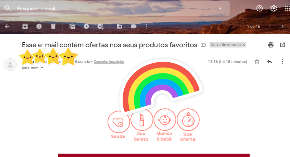 #Para todos verem: print do e-mail recebido cujo título é “Esse e-mail contém ofertas nos seus produtos favoritos”.