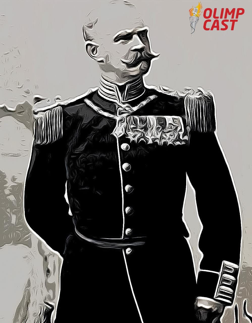 Imagem de Gustav Balck, militar sueco considerado o pai dos Jogos de Inverno. É um senhor de idade, calvo, com espesso bigode branco, vestindo um uniforme militar preto com botões e medalhas no peito, do lado esquerdo. Imagem é em preto e branco.
