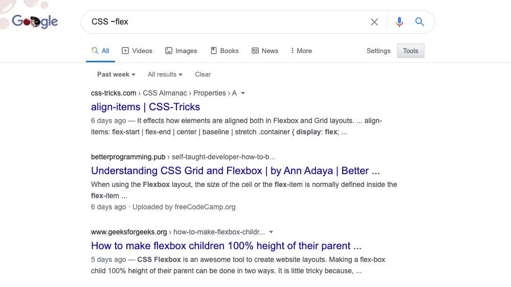 screenshot of Google search using the tilde to include related words