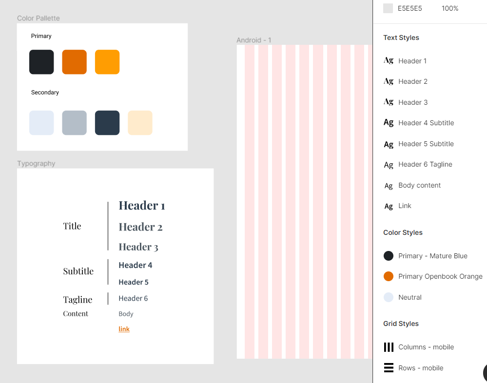 Image of color pallette, typography, and styles in Figma