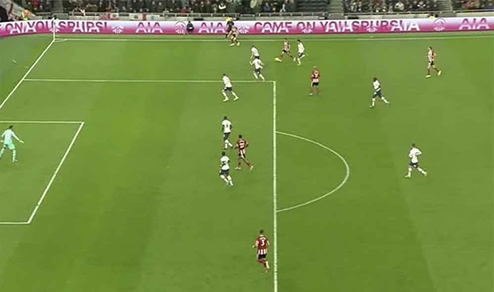 Screenshot of the position of players at the time of the offside decision, showing its impossible to tell with the naked eye