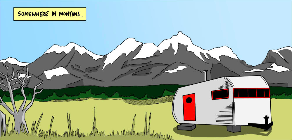 First panel of new Bret Blackberg comic, which shows mountains and a trailer home