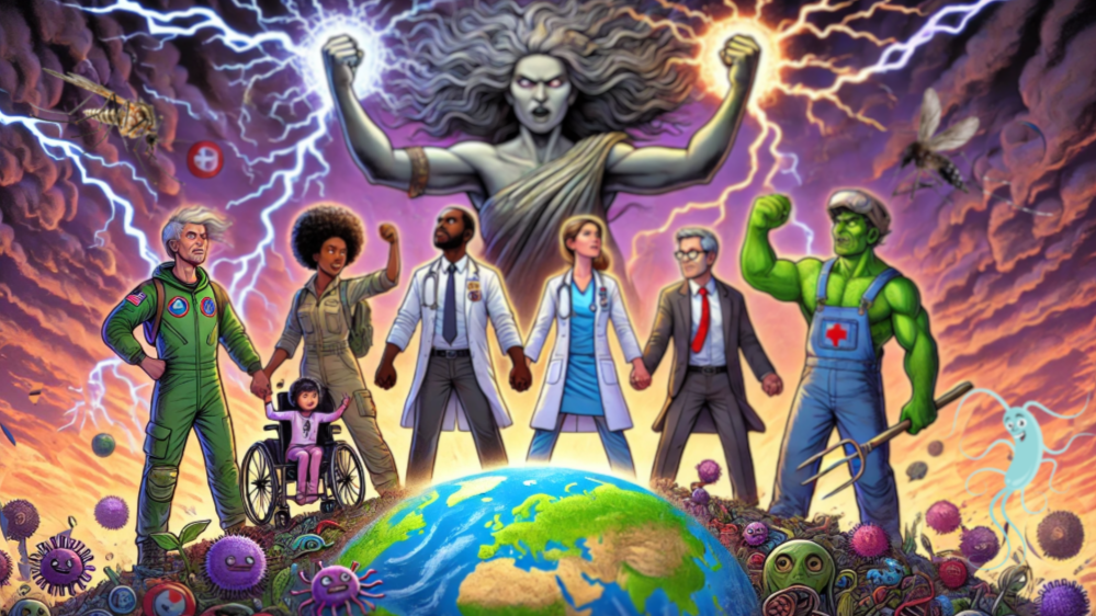 A diverse team of professionals, including healthcare professionals, scientists, politicians, farmers, and children, symbolises the united front required to fight for human, animal, and environmental health. This One Health/Captain Planet-inspired image depicts their stand against climate change, which is leading to increased pathogens and drug resistance. It was created in Adobe Express.