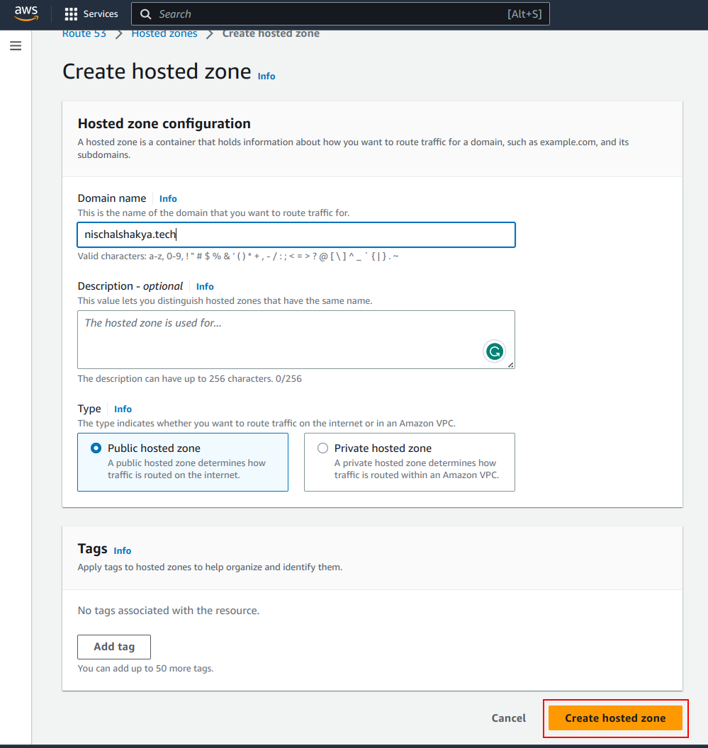 Specifying domain name for the hosted zone