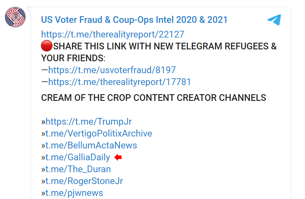 Screenshot of a Telegram post which stated that GalliaDaily is a content creator channel for conspiracy theories