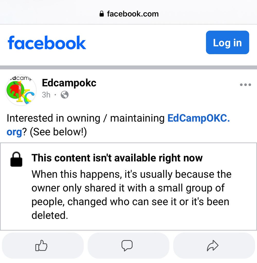 Facebook message indicating content is no longer available