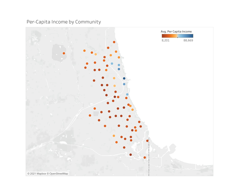 A map of Chicago that shows the location of each community and uses different colors to indicate per-capita income level.