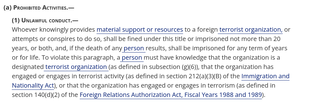 Text snippet from U.S. Code § 2339B, detailing penalties for providing material support to foreign terrorist organizations.
