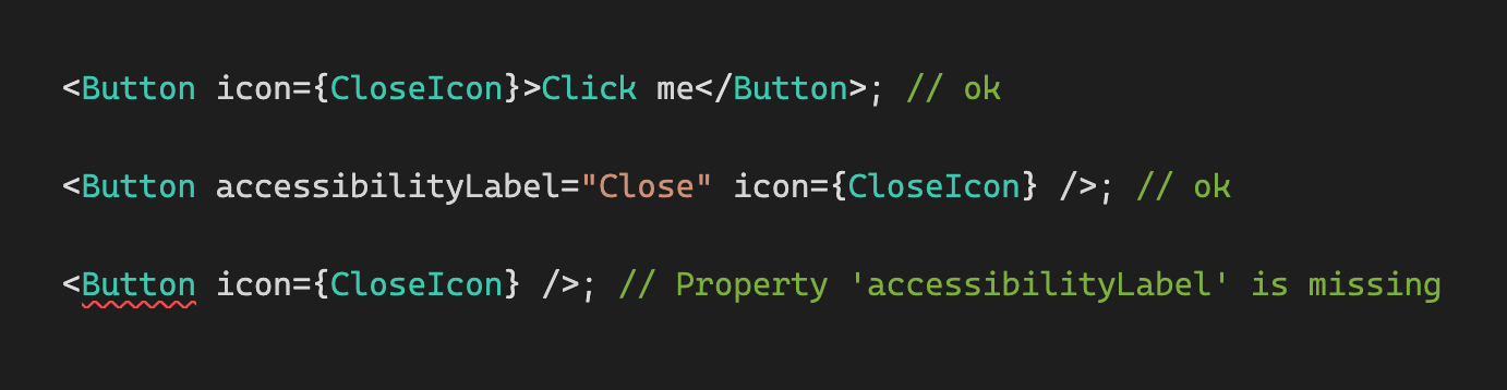 Screenshot of 3 Button component showing how the TypeScript throws error depending on the icon prop. See the typescript playground attached above.