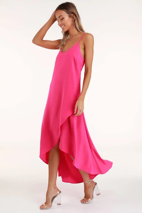 Rose-Inspired High-Low Maxi Dress with V-Back Design | Image