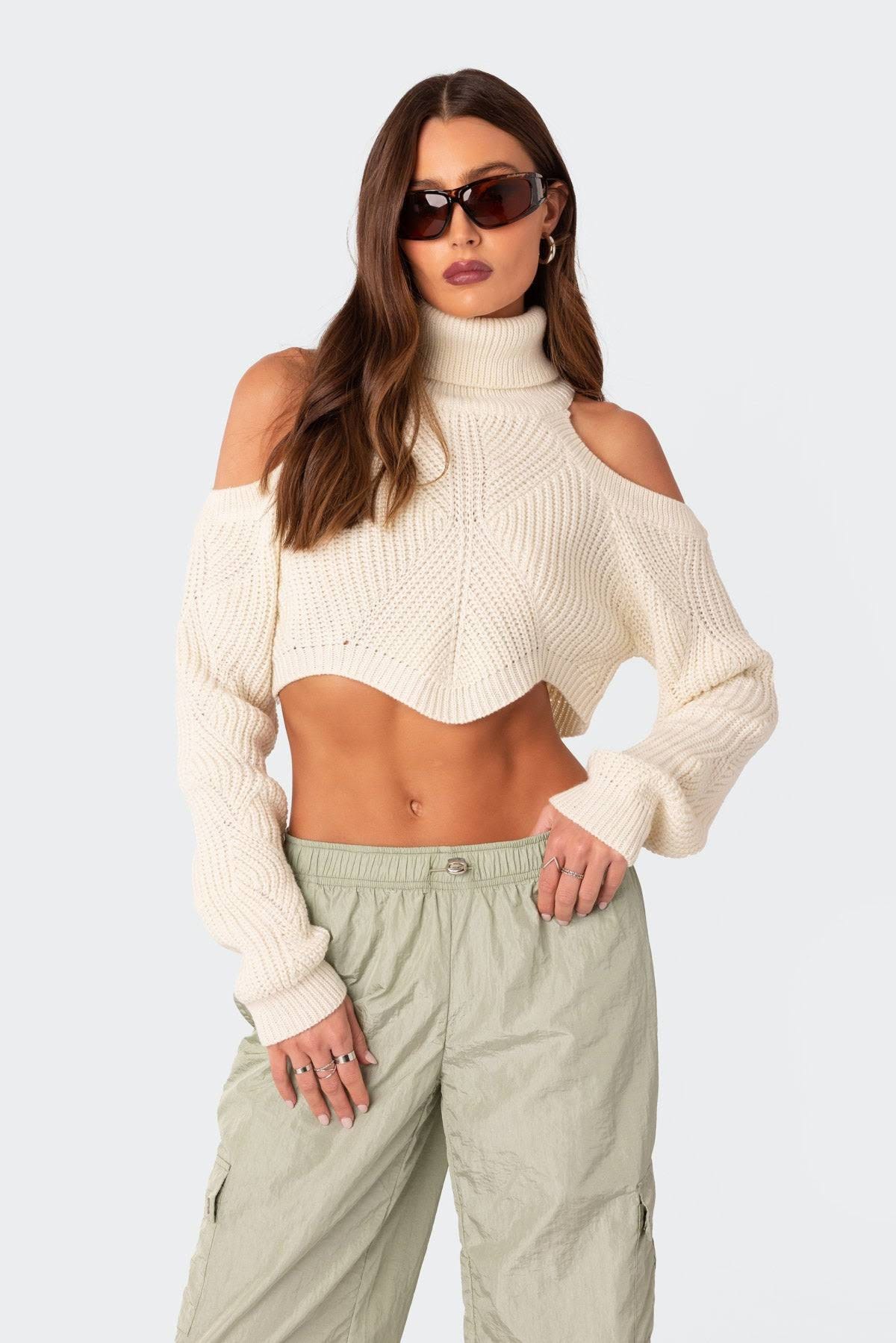 Cute, Cozy Women's Turtleneck Crop Sweater - Cream | Image