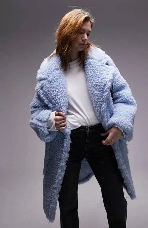 Light Blue Faux Fur Oversized Coat with Notched Lapels | Image