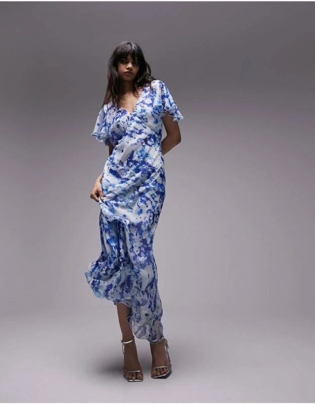 Flutter Sleeve Blue Chiffon Maxi Dress with Crisscross Back | Image