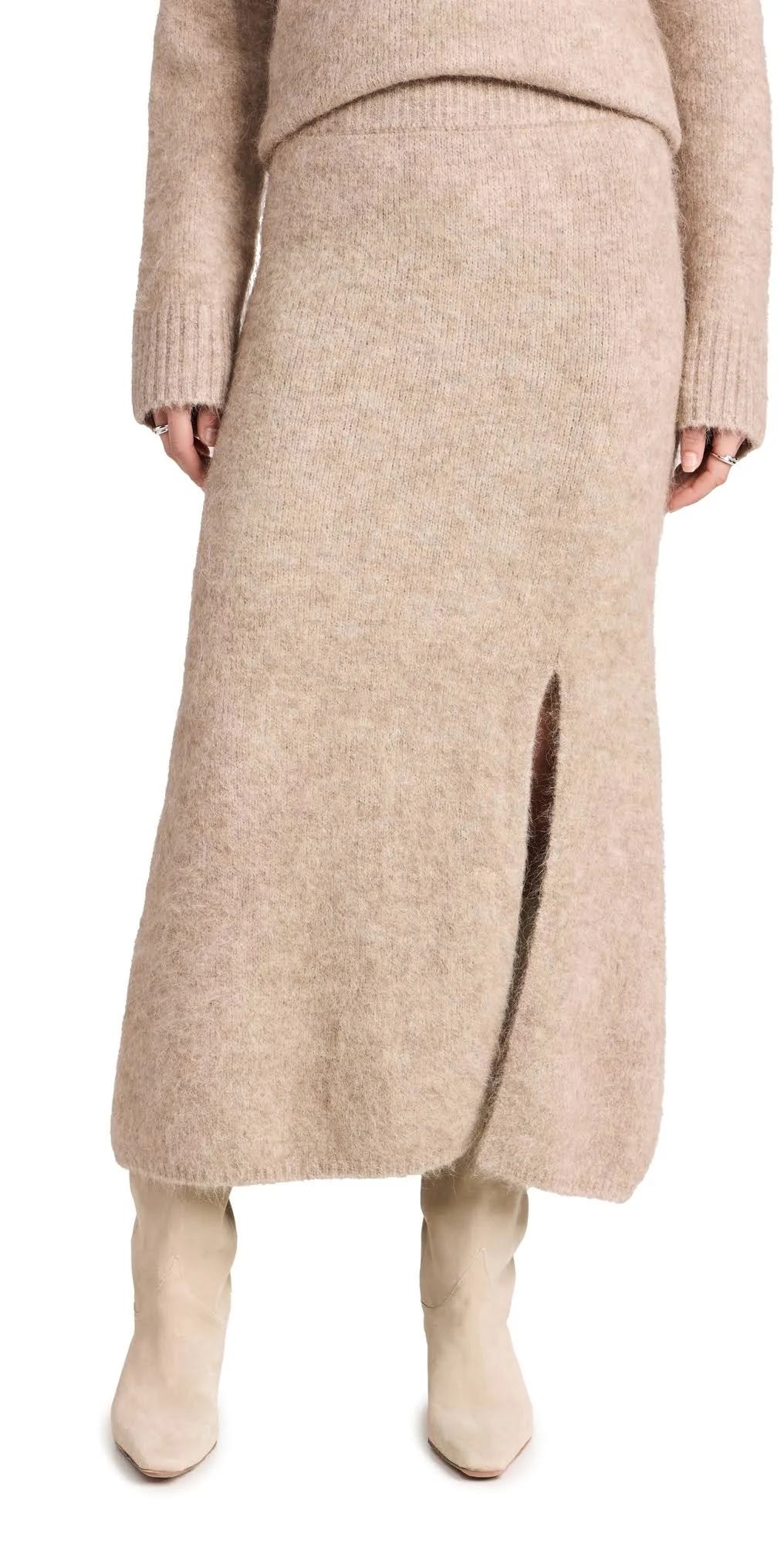 Luxurious Oatmeal Alpaca Blend Diana Skirt with Front Slit and Ribbed Waist | Image