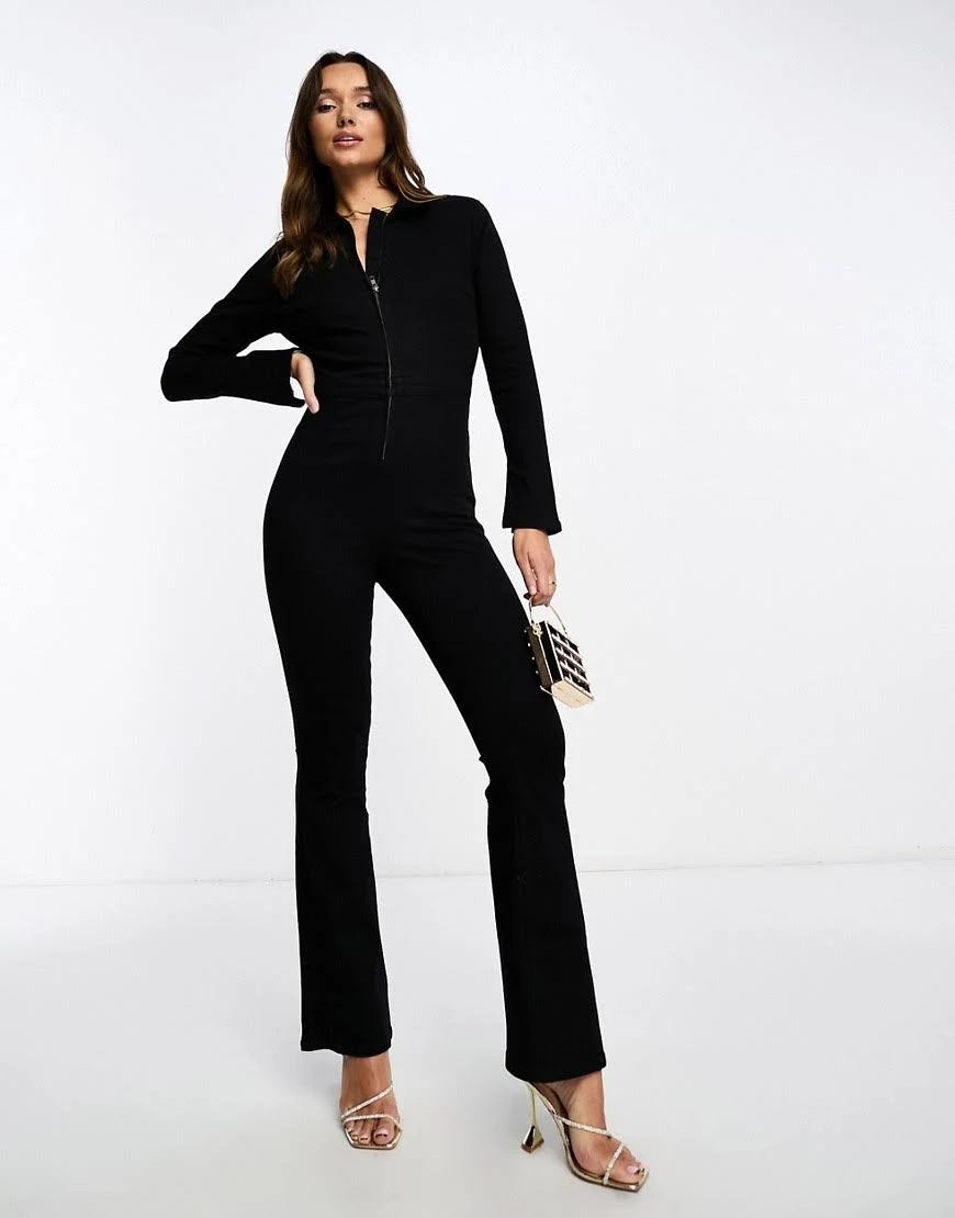 Stylish Black Denim Jumpsuit with Long Sleeves | Image