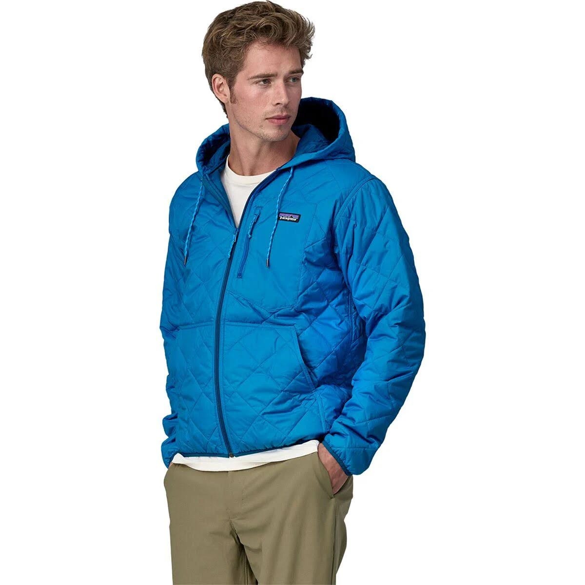 Patagonia Men's Diamond Quilted Light Blue Bomber Jacket with Hood - Warm and Breathable | Image