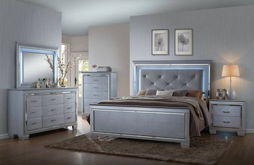 contemporary-silver-finish-4pc-king-size-led-backlit-upholstered-hb-bed-and-storage-dresser-mirror-n-1