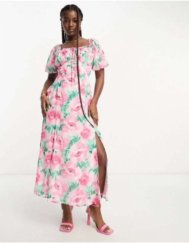 Stylish Pink Floral Maxi Dress with Puff Sleeves | Image