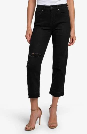Elegant Black High Waist Straight Leg Wide Hem Jeans for Women | Image
