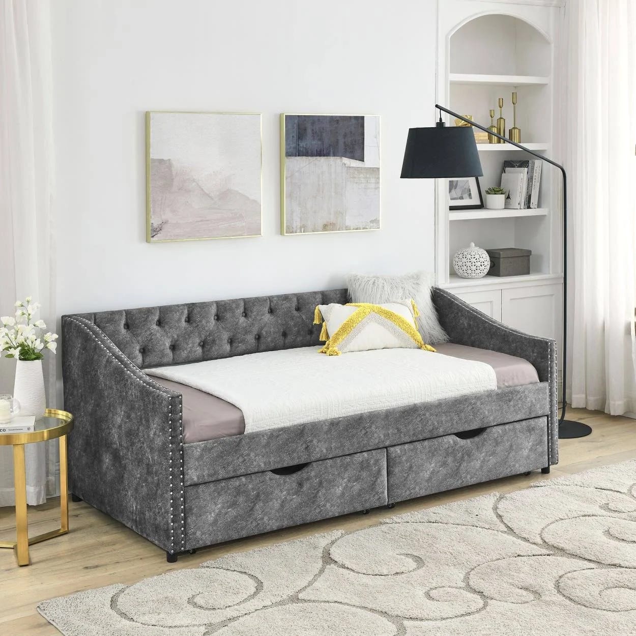 Twin-Size Tufted Daybed with Drawers and Copper Nail Arms | Image
