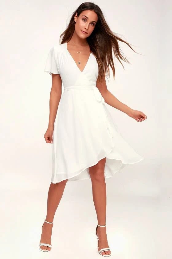 Alluring White Midi Wrap Dress for Special Occasions | Image