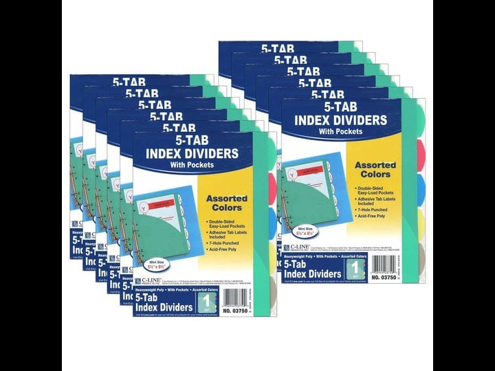 c-line-mini-size-5-tab-poly-index-dividers-assorted-colors-with-slant-pockets-12-sets-1
