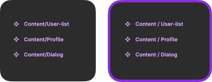 Component names with and without spaces comparison between text and (/)