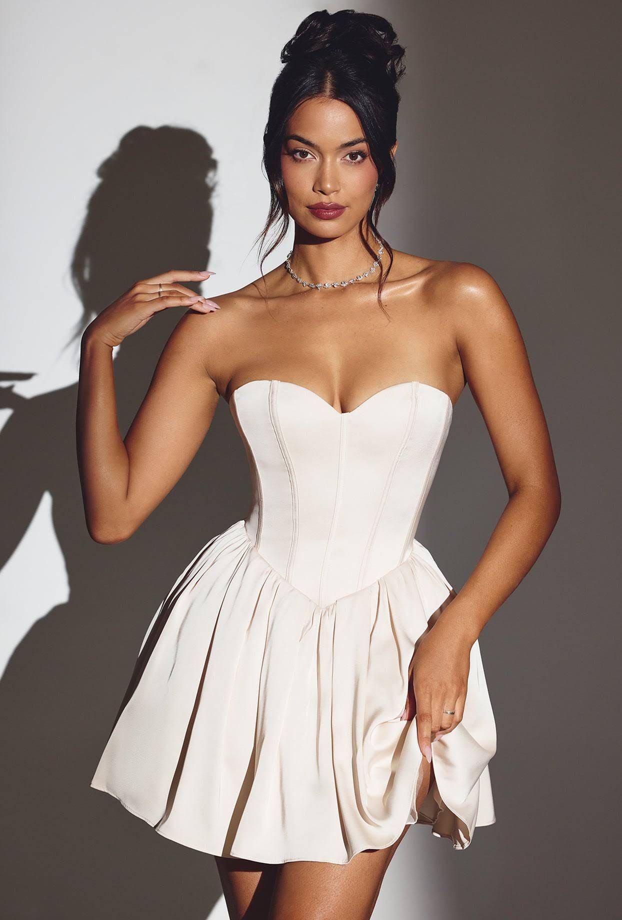 Strapless White Mini Dress with Lace-up Corset Body | Image