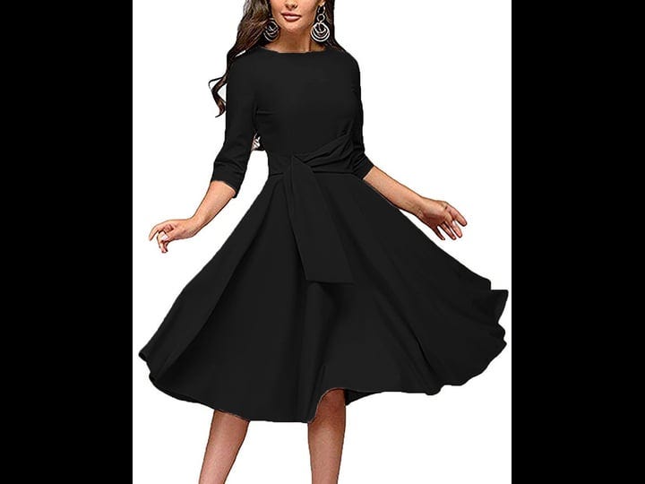 fenjar-womens-elegance-audrey-hepburn-style-ruched-3-4-sleeve-midi-a-line-dress-black-small-1