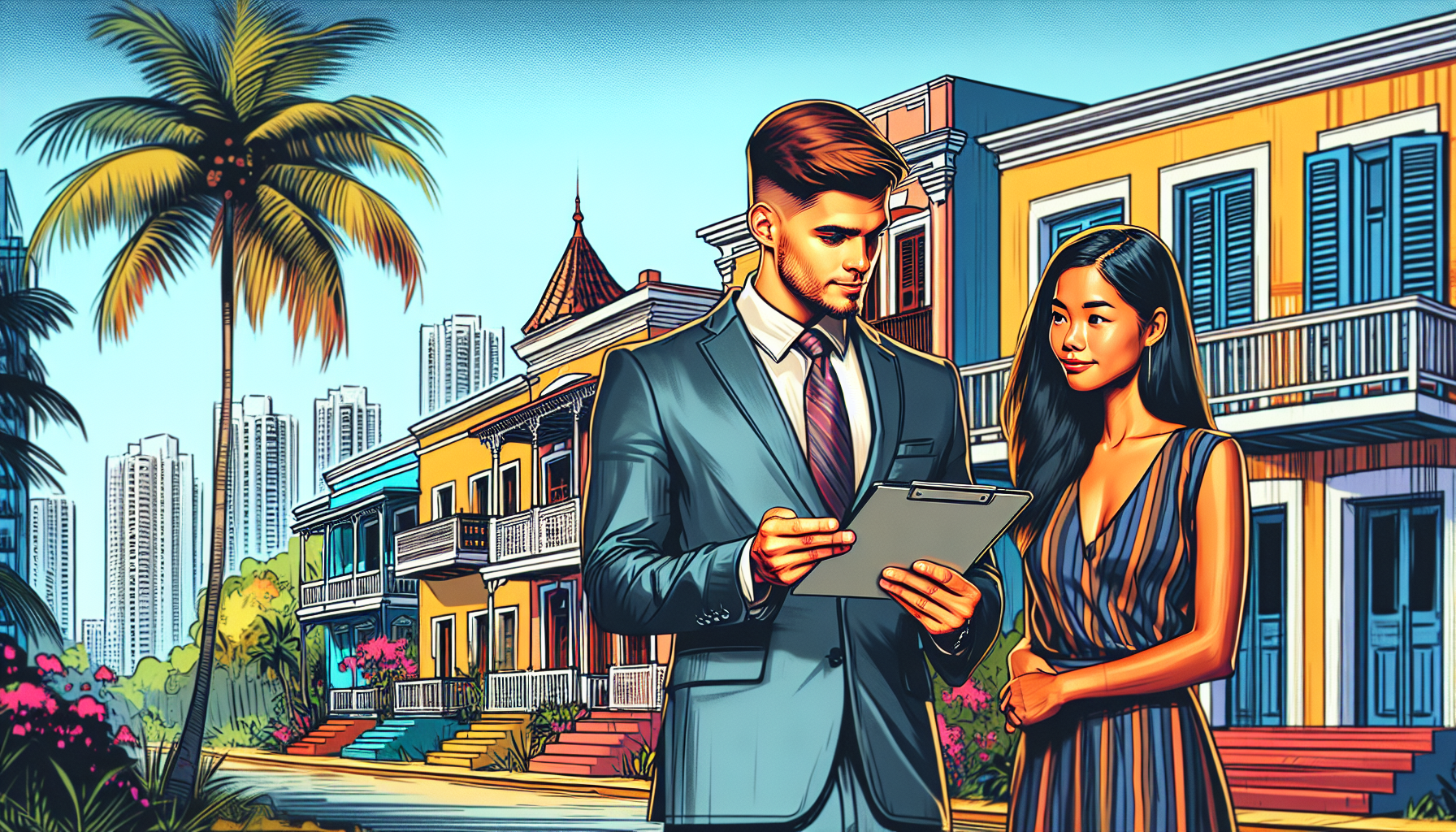 Digital illustration of a young couple discussing rental options with a real estate agent in a vibrant, colorful Puerto Rican neighborhood, with traditional houses, palm trees, and a beach in the background.