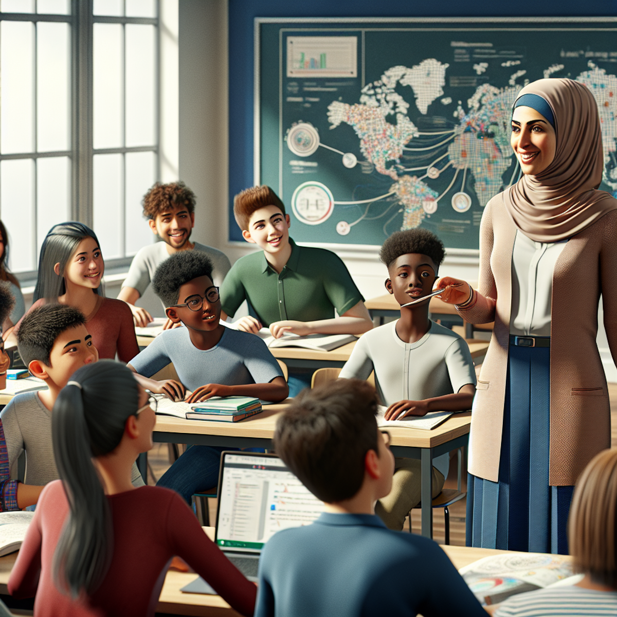 A Middle-Eastern female teacher confidently leads a diverse group of engaged students in a classroom. The teacher holds an illustrative roadmap while the students show excitement for learning. AI technology is subtly integrated, with a modern computer on the teacher's desk.