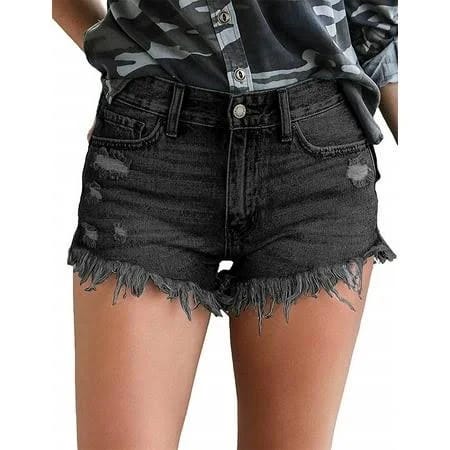 Comfortable and Stylish Mid-Rise Black Ripped Shorts for Women | Image