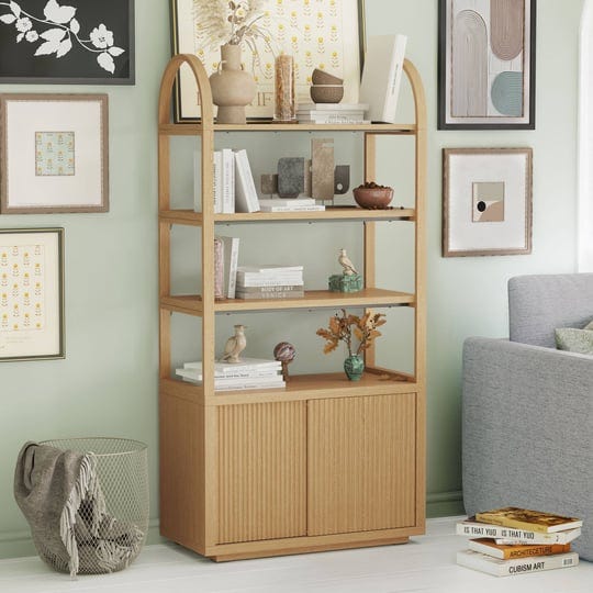 beautiful-fluted-3-shelf-bookcase-with-storage-cabinet-by-drew-barrymore-warm-honey-finish-1